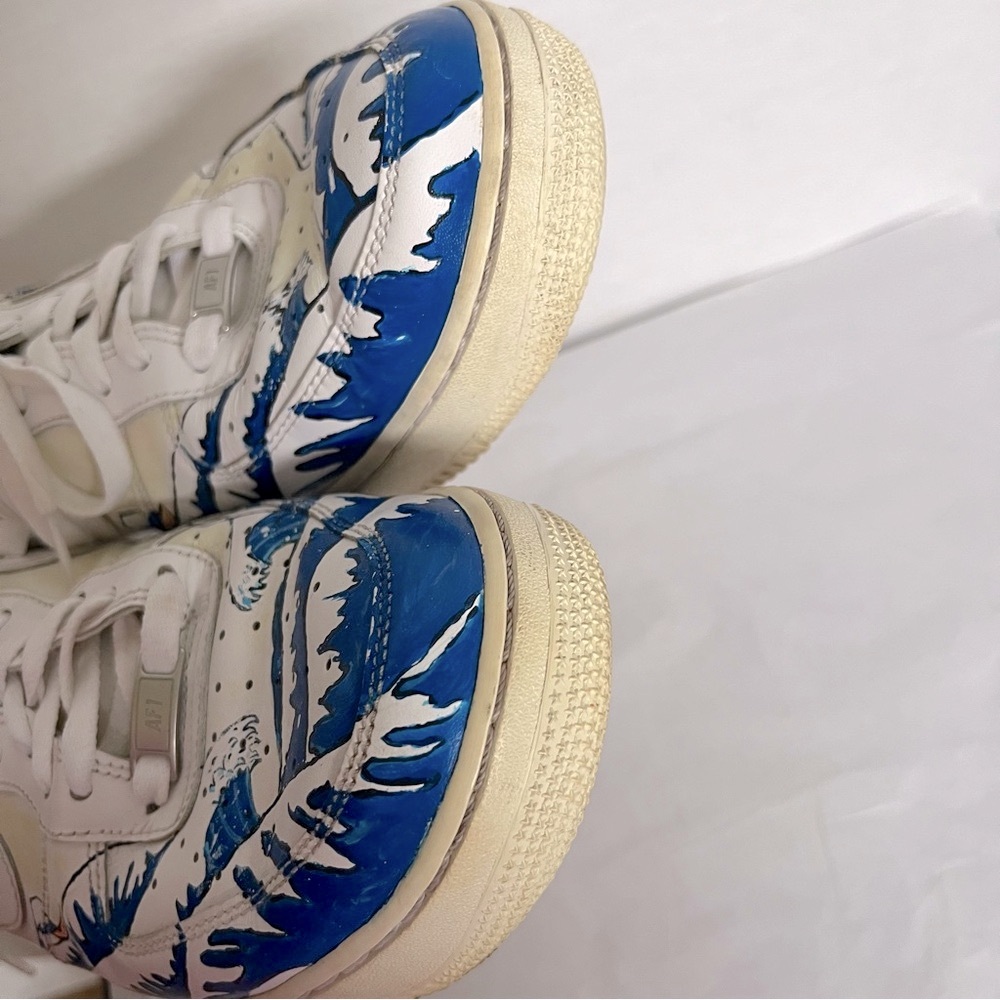 Nike Air White and Blue Ocean Waves Great Wave Custom Drawn Sneakers - Picture 8 of 14